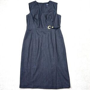 Chaps Dress Womens 4 Blue Denim Look Faux Wrap Sheath Gold Ring Stretch CHOD1177